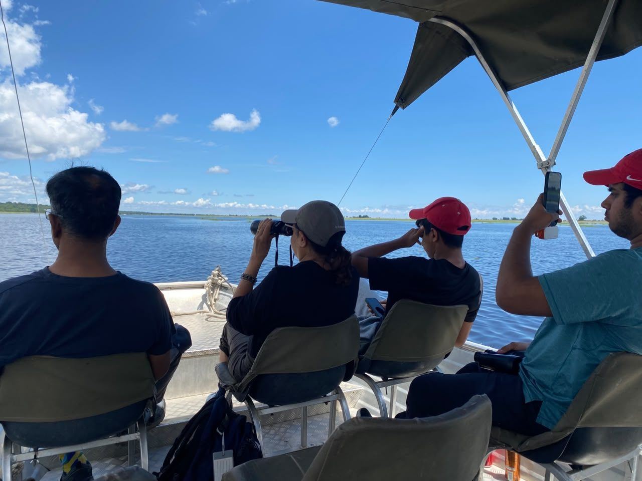 Guests scanning the Chobe floodplain with binoculars from a cruise boat