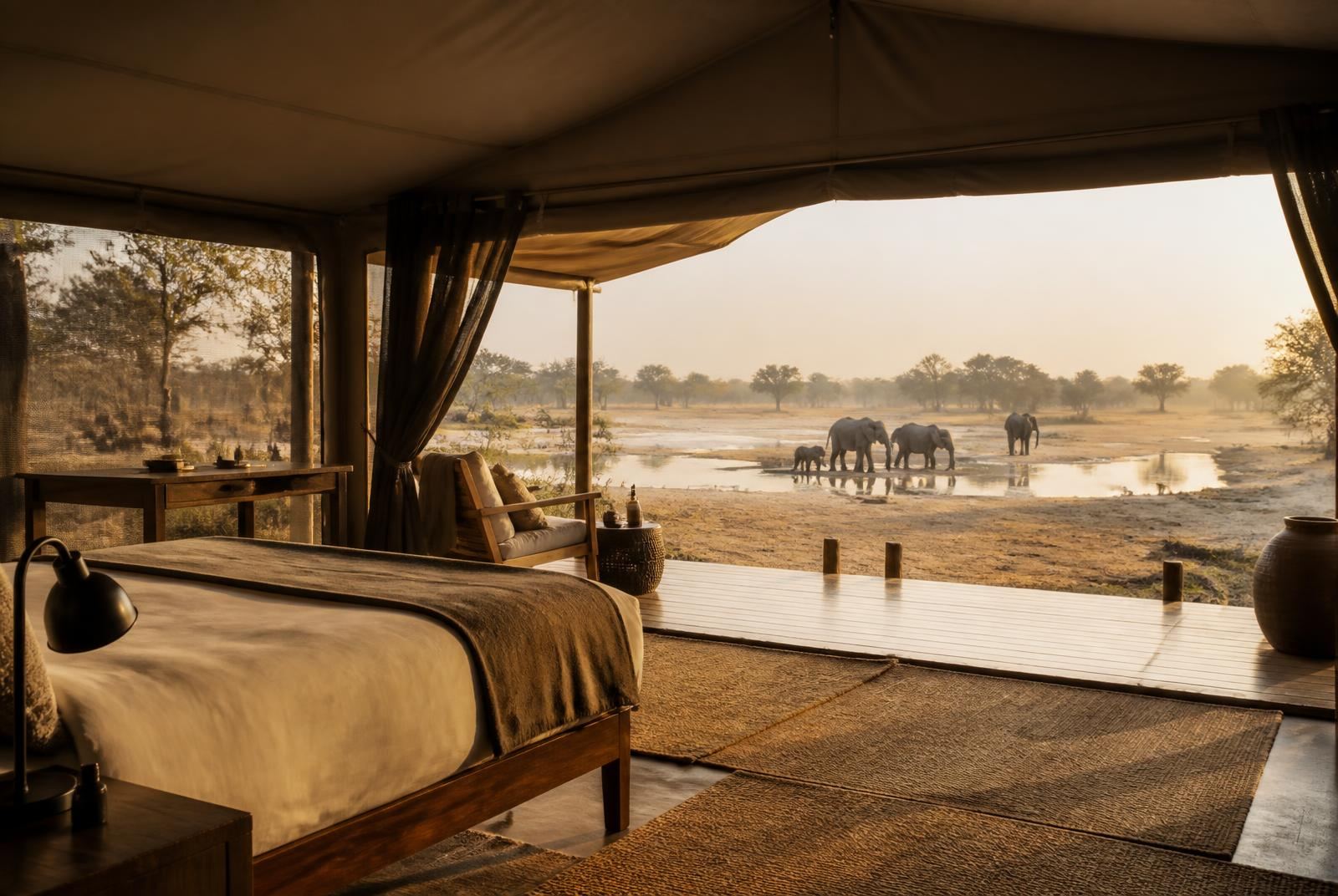 Luxury tented suite at dawn in Hwange National Park looking out to elephants at a waterhole