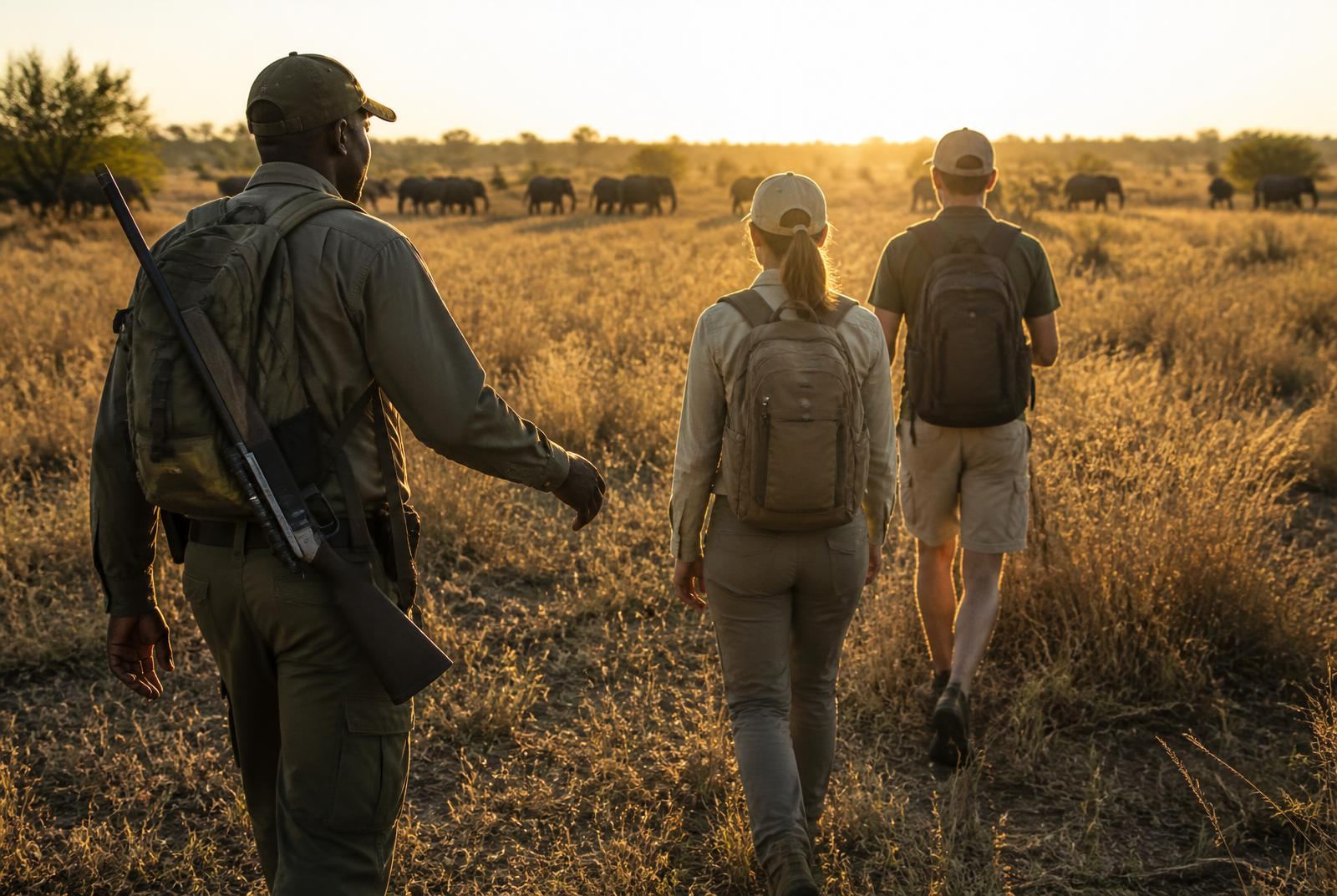 Armed professional guide leading two guests on a walking safari towards elephants at sunrise