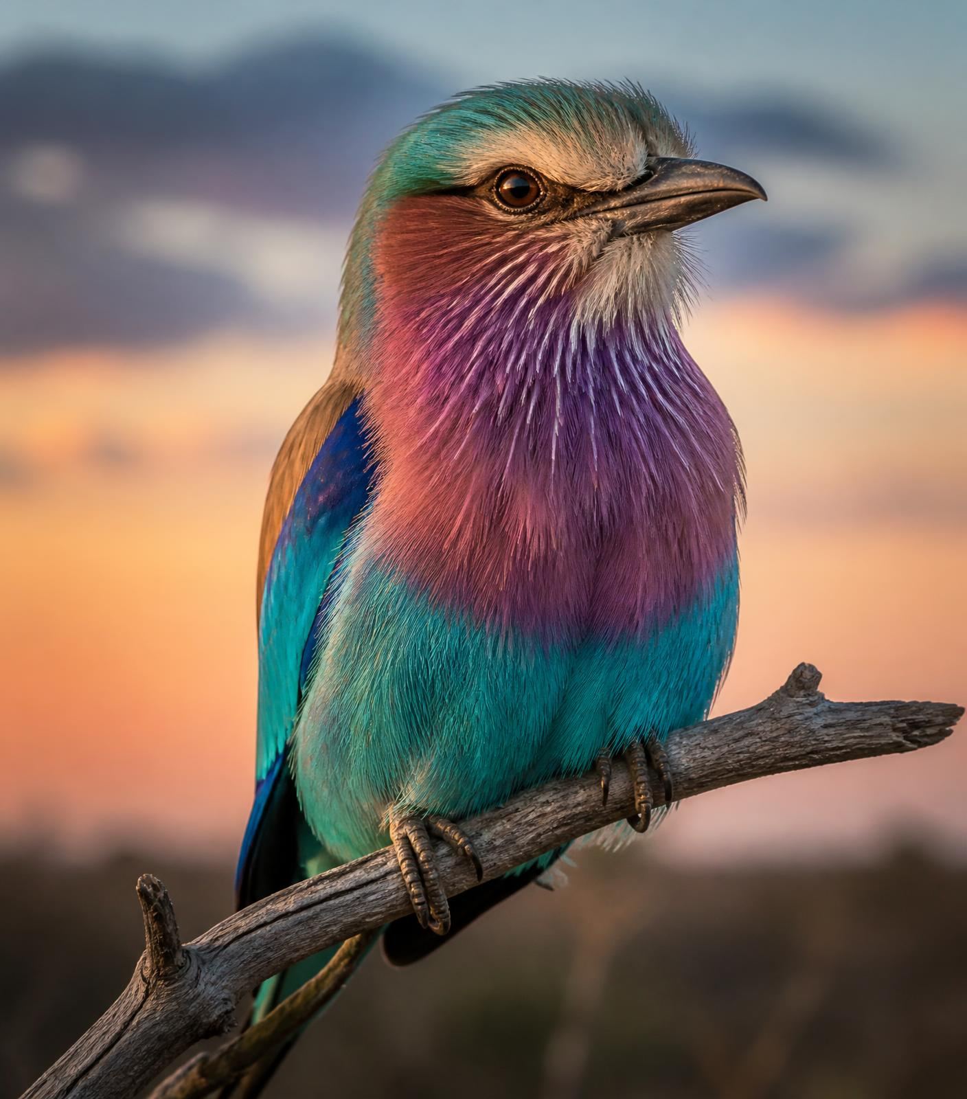 Lilac-breasted roller perched on a bare branch at dawn