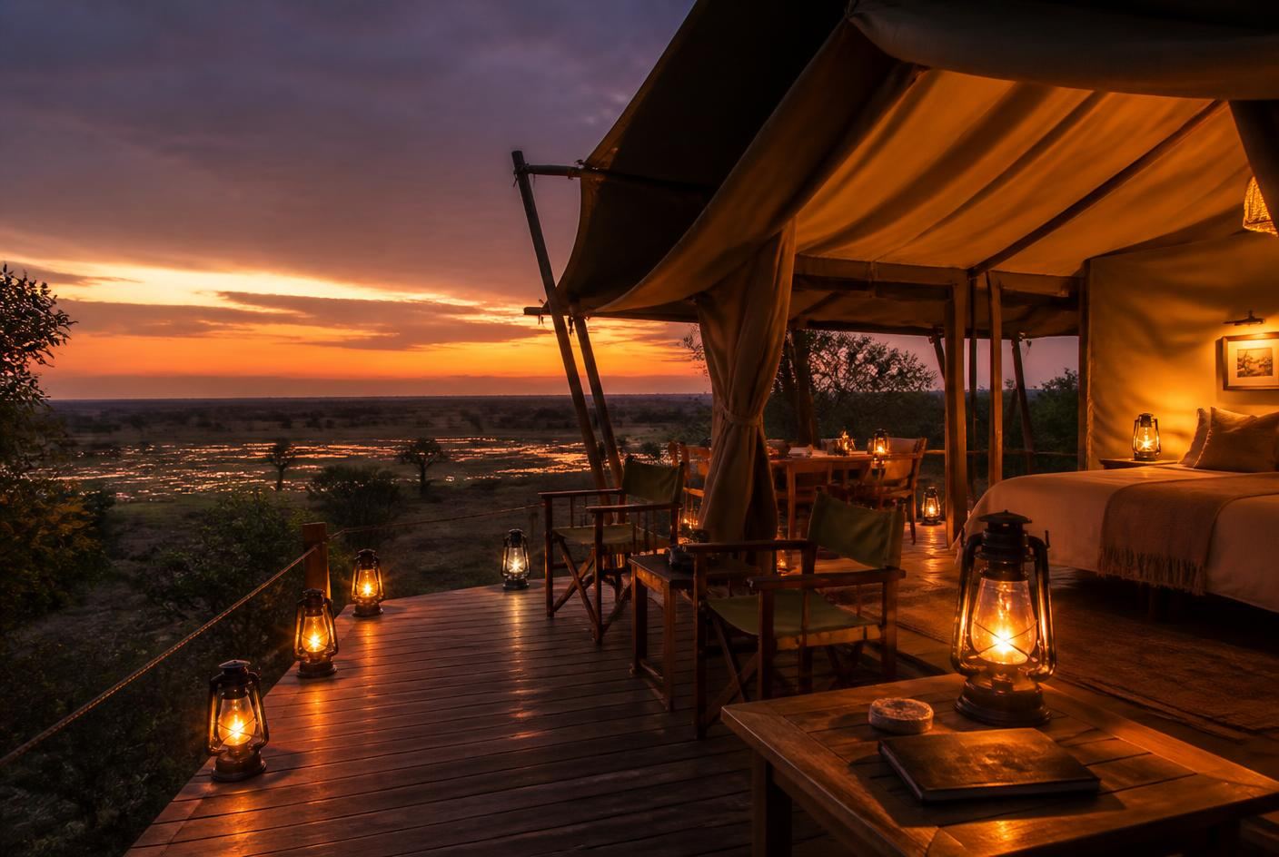 Safari camp deck lit by lanterns at dusk