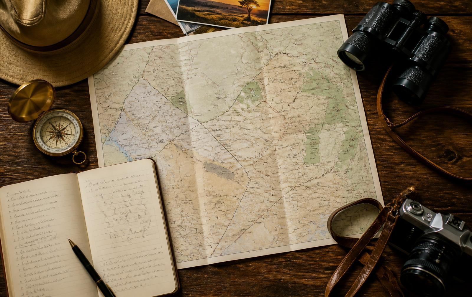 Safari itinerary, maps and notebook laid out on a planning desk