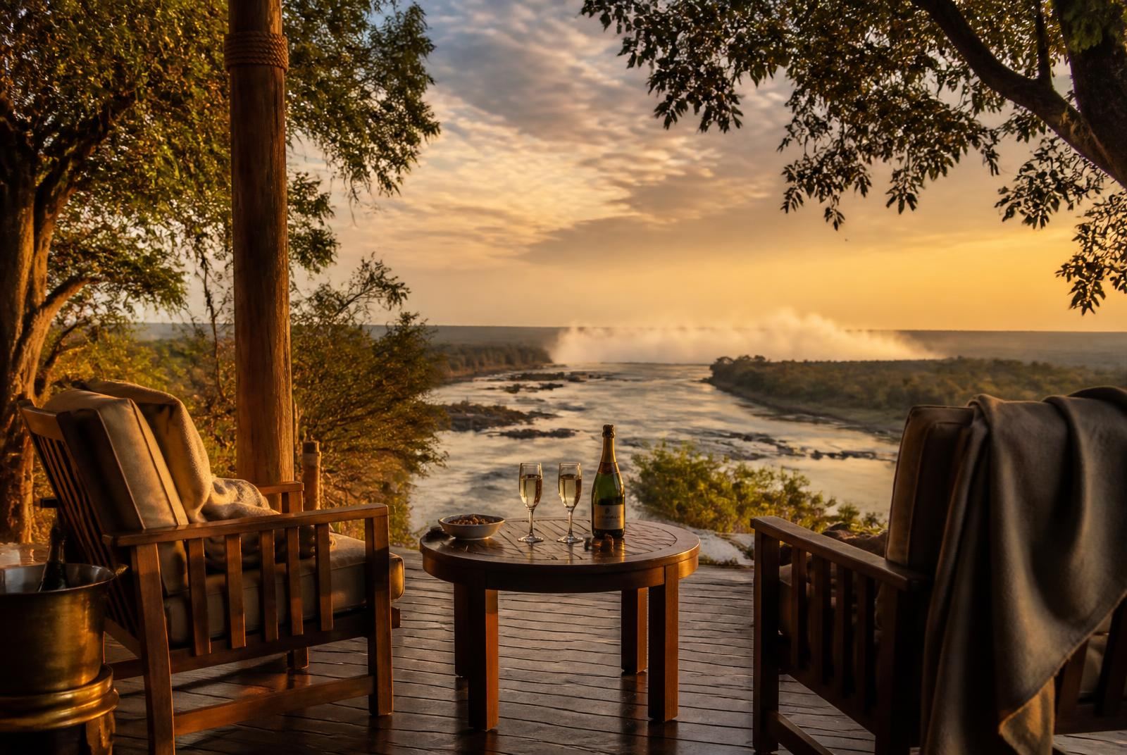 Luxury lodge deck above the Zambezi River at golden hour with champagne poured for two